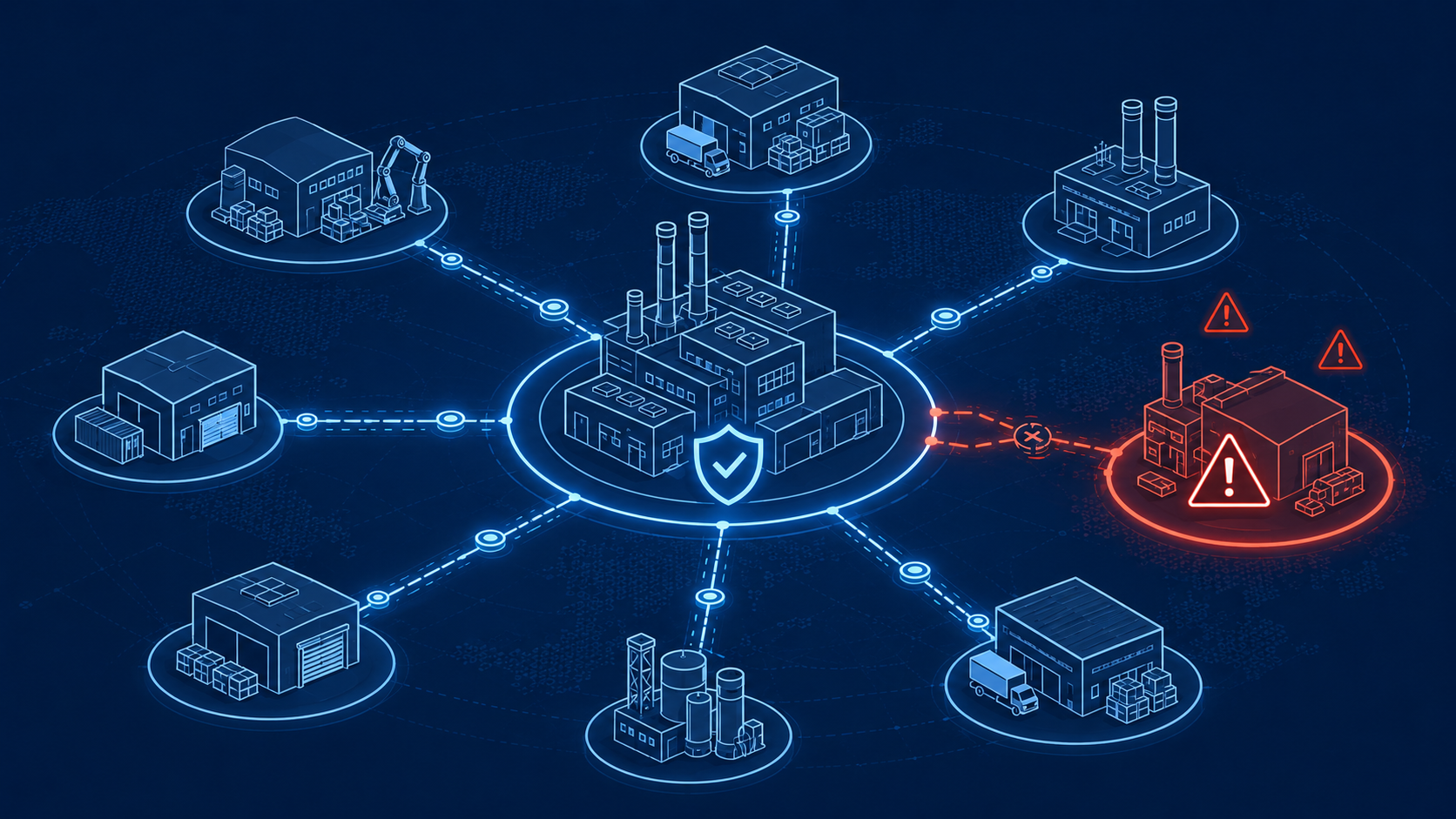 A connected supply network with one compromised supplier highlighted in red